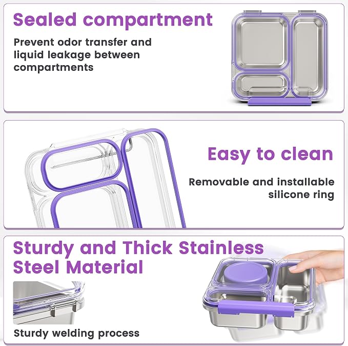 Stainless Steel Bento Box Kids Adult with 7oz Soup Thermo, Transparent Lid 3 Compartments Metal Bento Lunch Box with Insulated Food Jar,Lunch Box Container Sauce Cup for School,BPA-Free(Purple)
