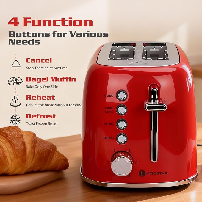 Aigostar Toaster 2 Slice, Retro Extra-Wide Slot, Red | Best Rated Prime, For Toasting Bagels, Breads, Waffles & More, Cancel, Defrost & 6 Browning, Removable Crumb Tray