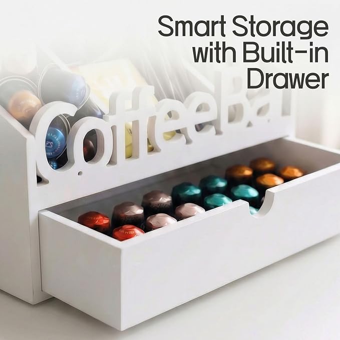 Coffee Bar Organizer Countertop,Wood Coffee Station with Drawer,Home&Office | K-Cups, Tea Bags, Sugar Packets & Creamers