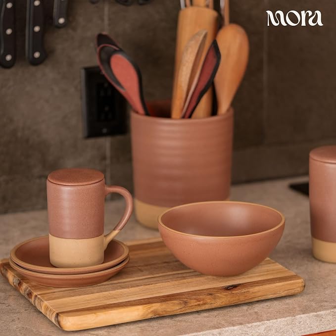 Mora Ceramics Tea Cup with Loose Leaf Infuser, Spoon and Lid 12 oz, Microwave and Dishwasher Safe Coffee Mug - Rustic Matte Ceramic Glaze, Modern Herbal Tea Strainer - Great Gift for Women, Terracotta