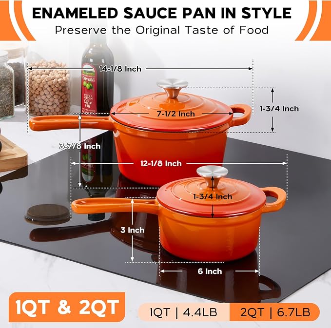 Onader Saucepan Set with Lid, 1QT & 2QT Small Enameled Cast Iron Pot Sets for Cooking, Nonstick Sauce Pan Dutch Oven, Induction Compatible, Heavy Duty – Sunset Orange