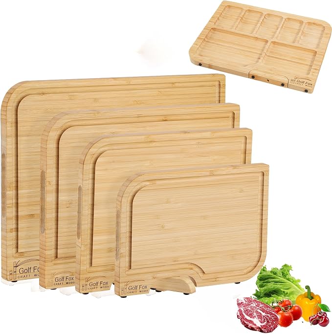 Golffox Wood Cutting Board Set, Bamboo Chopping & Charcuterie for Kitchen | Non Toxic Bamboo Cutting Board with Stand, Built-in Handles, Deep Juice Grooves, for Meat, Vegetables & Fruits, Ready-to-Gift