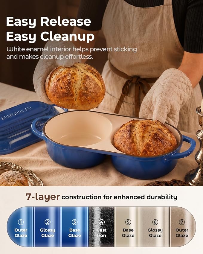 Mini Double Dutch Oven for Sourdough, Enameled Cast Iron Bread Pan, Blue | Double Loaf Bread Pan with Lid, Mini Sourdough Dutch Oven for Bread Baking