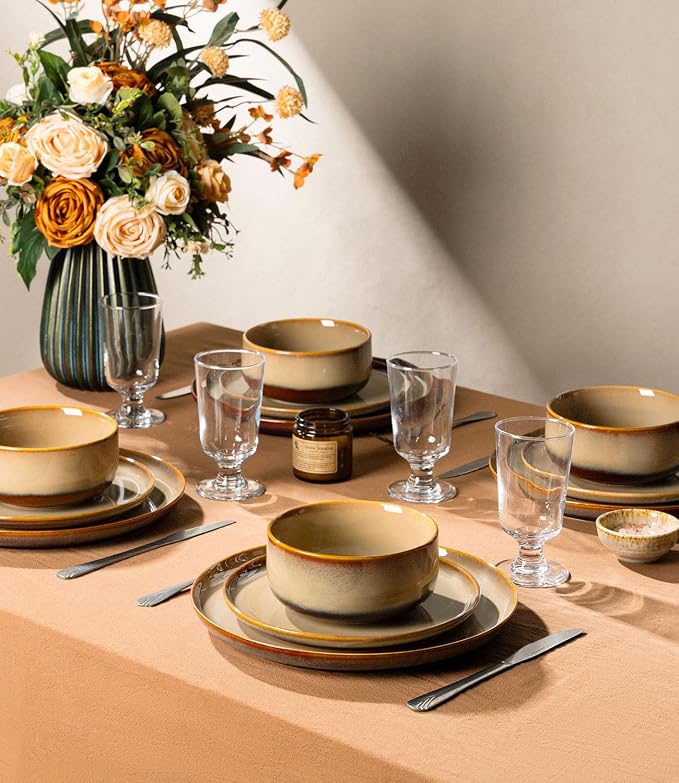 Ceramic Dinnerware Set for 4, 12-Piece Plates and Bowls Set | Handmade Reactive Glaze Dish Set, Scratch Resistant, Oven & Microwave & Dishwasher Safe, Creamy Amber