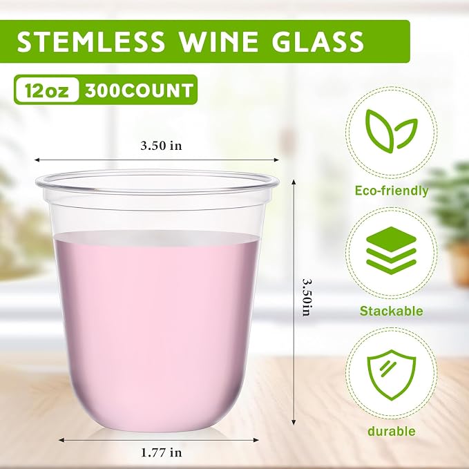Ziliny 100 Pcs 12oz Plastic Stemless Wine Glasses Disposable, Clear | Plastic Wine Glasses for Parties Weddings Birthdays, Cocktail Drinking Cups, Round Bowl, Bulk Event Supplies