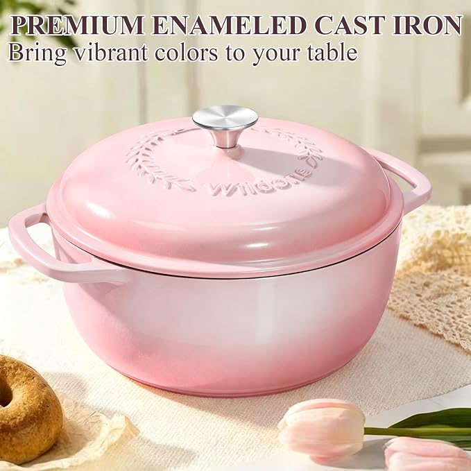 Wildone 6QT Enameled Cast Iron Dutch Oven Pot with Lid, Heavy-Duty Cookware for Bread Baking, Braising, Stews, Roasting, Wedding Registry Ideas & Gifts, Pink