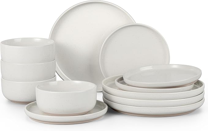 HaWare Dinnerware Sets, 12-Piece Plates and Bowls Set for 4, Milky White