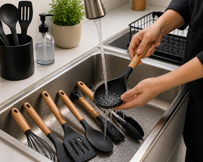 Caboh Silicone Kitchen Utensil Set 12 PCS – Heat Resistant Cooking Tools with Spatula, Serving Spoon, Tongs, Whisk & Holder, Nonstick Safe BPA-Free Kitchen Accessories Set (Black)