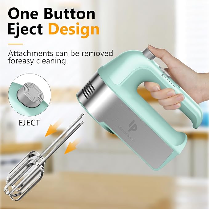 Hand Mixer Electric, 450W Kitchen Mixers with Scale Cup Storage Case, Turbo Boost/Self-Control Speed + 5 Speed + Eject Button + 5 Stainless Steel Accessories, For Easy Whipping Dough, Cream, Green