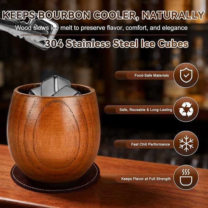 Charred Wooden Bourbon Drinking Glass Wooden Whiskey Glasses Set of 2 with 6 Stainless Steel Whiskey Stones and Tongs Old Fashioned Glass Bourbon Gifts for Men (2 Pack – Tube Gift Box)