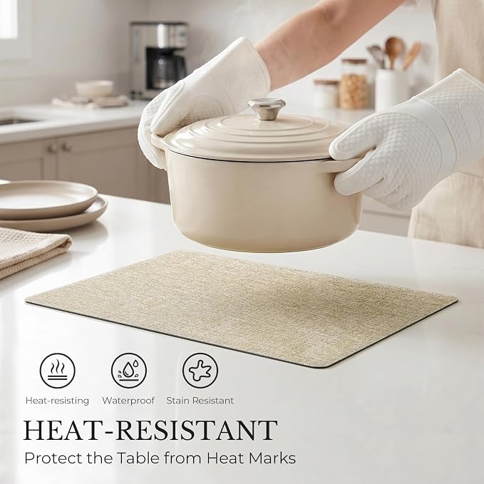 Romanstile Vinyl Placemats Set of 8, Reversible Faux Leather Heat Resistant Wipeable Table Mats, Waterproof Washable Non-Slip Table Placemats for Dining/Kitchen/Party/Outdoor (Black Beige, 12" x 17")