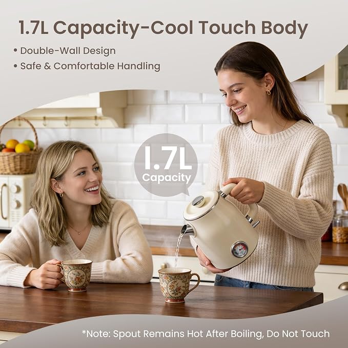 Mecity Retro Electric Kettle 1.7L, Stainless Steel Interior, Food-Grade Silicone Water Contact, Double Wall Cool Touch, 1500W Fast Boil, Thermometer (°F/°C), Wide Opening, Cream