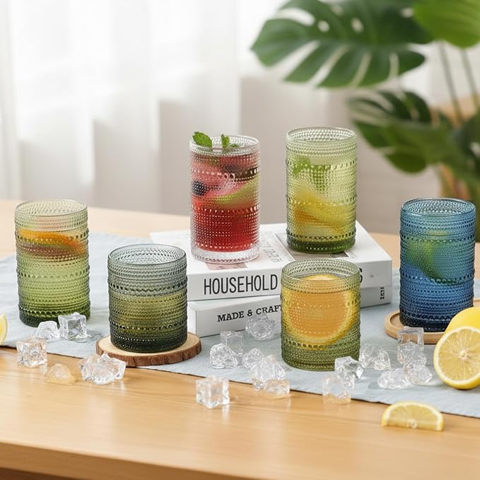 Moretoes12 Pack 12 Oz Blue Hobnail Drinking Glasses Set,Water Glass Cups | Highball Glasses Embossed Boho Kitchen Bar Tumbler Glassware Set for Whiskey, Beer, Juice, Milk and Various Mixed Drinks