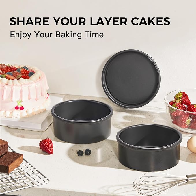 6 Inch Round Cake Pan Set for Baking with Healthy Parchment Paper, Nonstick Deeper Circle Cake Pans with Wider Grips, 3 Pieces Premium Layer Cake Tin, Cheesecake Mold, Huty Duty - Grey