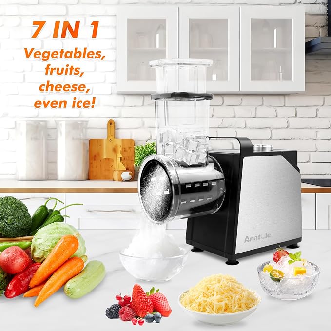 Anatole 7-In-1 Electric Cheese Grater Ice Shaver Vegetable Shredder 250W | Vegetable Fruit Shred & Slice & Grind, Stainless Steel, Large Inlet & Outlet, BPA-Free, for Block Cheese Cabbage Carrot 110V