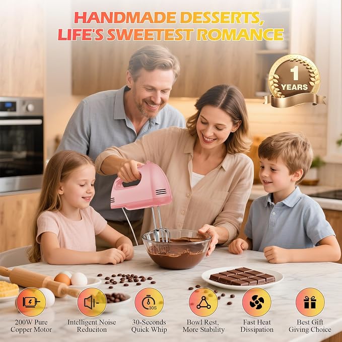 WADODO 7-Speed Electric Hand Mixer – Portable Food Mixer Kitchen Mixer with 304 *(1x Whisk, 2x Beater, 2x Dough hook) for Baking Cakes, Cream, Cookies, PINK