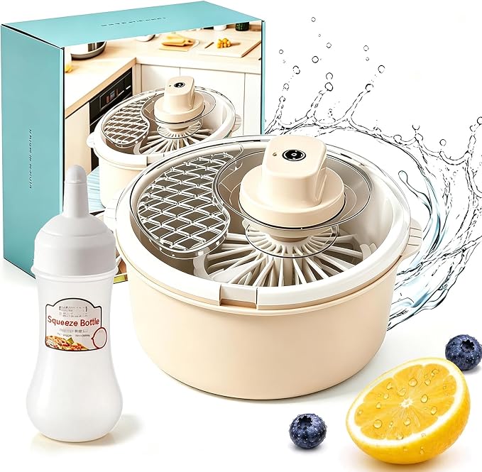 Electric Fruit Washer and Salad Spinner, Automatic Vegetable Cleaner with Non-Slip Base, One-Touch Produce Washer & Dryer for Lettuce Berries Greens，White