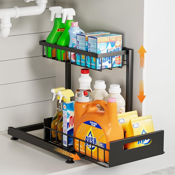 L-Shaped Under Sink Organizer, 2-Tier Pull-out Cabinet Rack 1-Pack | Black Height-Adjustable Steel Rack, Sliding Grid Drawers with PP Liners, Holds 100 Lbs, Suction Base, Ideal Kitchen Storage