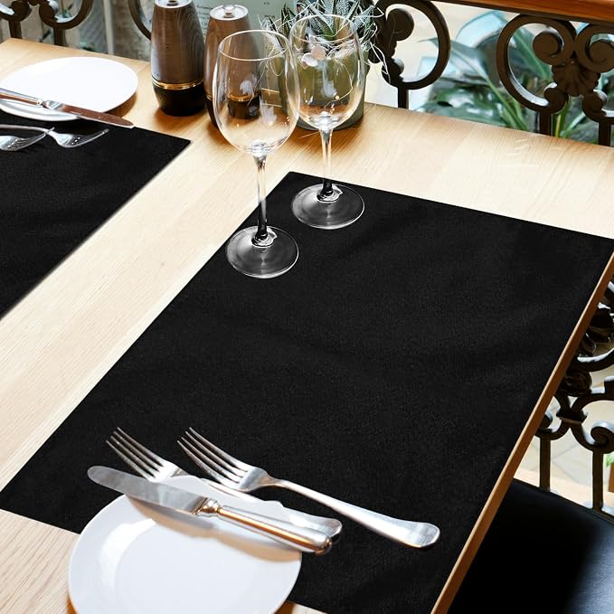 Cloth Placemats Set of 4, Cotton Linen Blend Place Mats, Black | Machine Washable, Double Layered, Heat Resistant, Fabric Dining Table Mats for Kitchen, Indoor & Outdoor, 13" x 19"