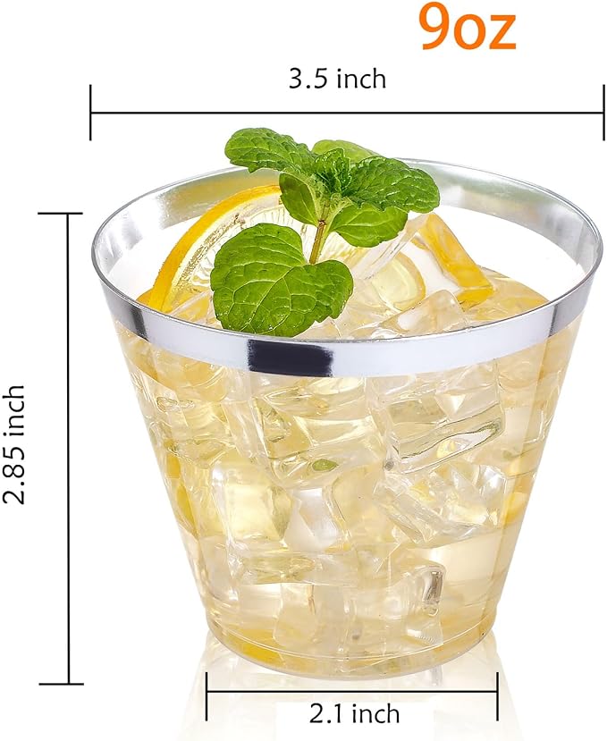 IOOOOO 200pcs Silver Disposable Plastic Cups 9 oz Clear Plastic Cups Old Fashioned Tumblers Silver Rim Cup Disposable Party Cup Elegant Silver Wine Glasses Cocktail Cup