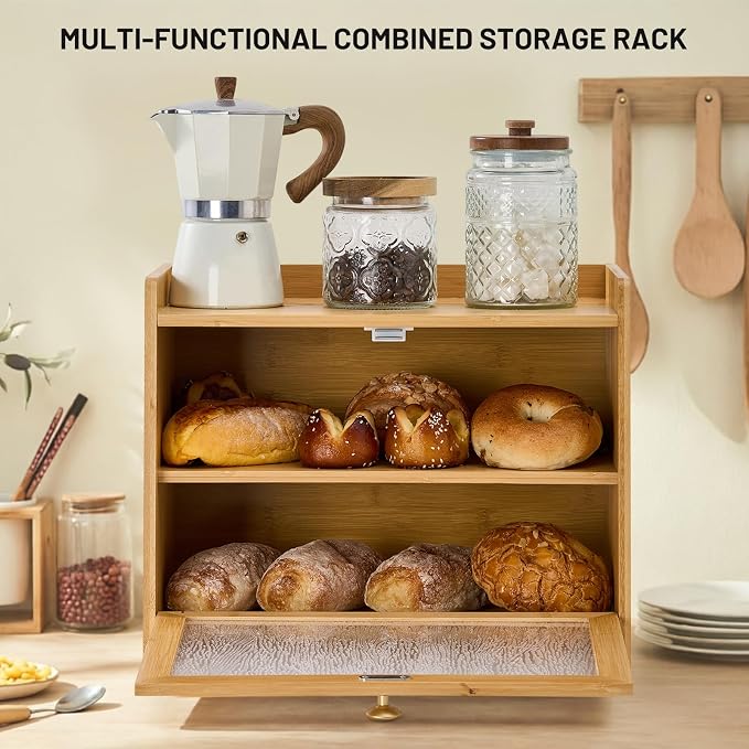 Bamboo Bread Box for Kitchen Countertop, 15.7x9.8x12.6 in, Wood Color | Double Layer Bread Box, Fluted Acrylic Doors, Farmhouse Bread Box for Homemade Bread, Loaves, Bagels, Muffins & Pastries