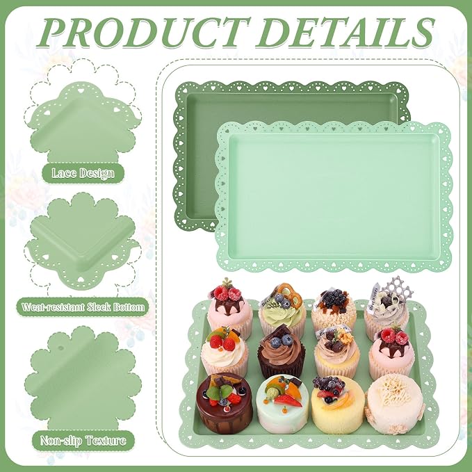 3 Pcs Green Serving Trays Plastic Platters Dessert Cupcake Holder Party Supplies 14.4 x 9.3 Inches Rectangular Cookie Snack Display Tray for Wedding Restaurant