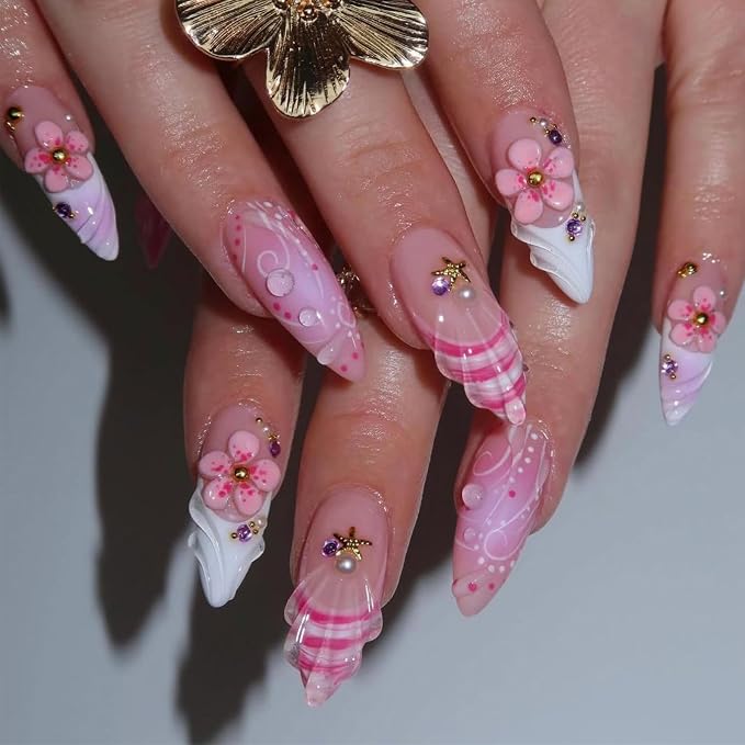 Summer French Tip Press on Nails Long Almond Pink Gradient Fake Nails 3D Floral Nails with Starfish Rhinestone Designs Vacation Beach False Nails Full Cover Artificial Nails for Women Manicure 24Pcs
