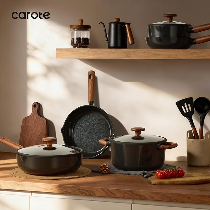 CAROTE 5QT Ceramic Stock Pot with Ladle, Nonstick Casserole with Lid, Even Heating Stockpot, Fits All Stoves, Non Stick Large Capacity Cooking Pots, PFAS Free, Black