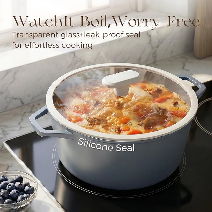 PRICUSIS Ceramic Nonstick Stock Pot with Silicone Rim Glass Lid, 4.5/7 QT Soup Pot Casserole, Cooking Pot, Induction Compatible, Dishwasher & Oven Safe, Ideal for Pasta, Bake & Stews, Blueberry Gray