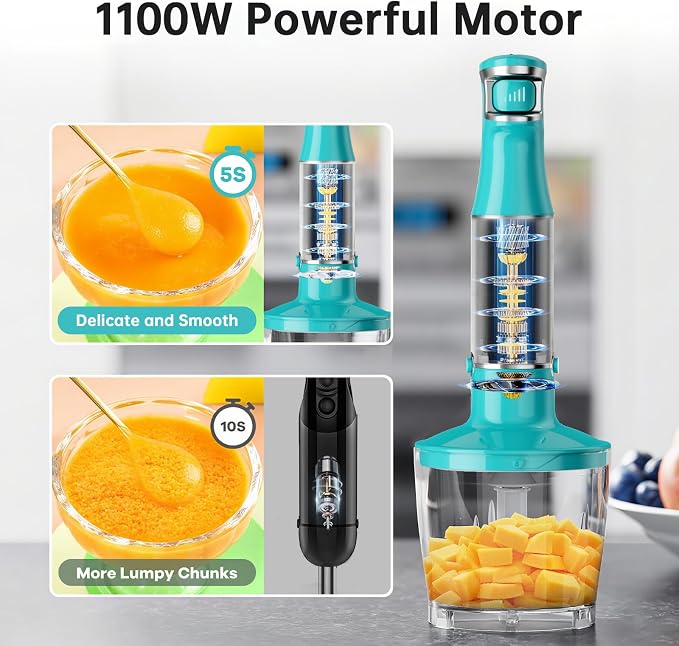 Turelar Immersion Blender Handheld 5 in 1 Hand Blender Set 1100W Heavy Duty | Trigger Variable Speed, Emulsion Stick Mixer with Food Processor, Whisk, Frother, for Soup, Puree, Baby Food, Anti-scratch