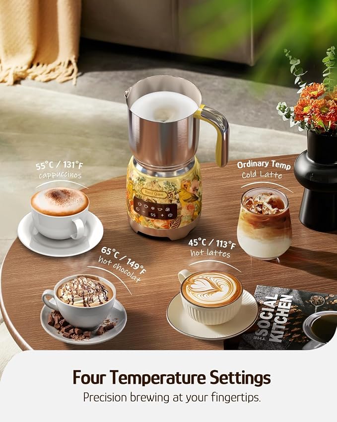 Hazel Quinn Milk Frother, Hot & Cold, Detachable Jug, 400ml 13.5oz, Floral | 5-in-1 electric milk frother and steamer, large capacity, stainless steel , dishwasher safe, for coffee/milk/hot choc