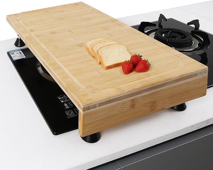 BAMOTTO CRAFTBAMBOO 12.6 x 22 Inch Bamboo Cutting Board — Stovetop Cover, Over the Sink Board with Detachable Legs & Non-Slip Lip, Juice Groove, Kitchen Countertop Extender for Small Kitchen, RV