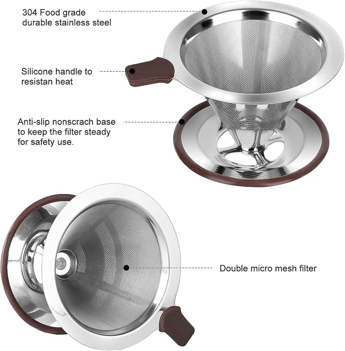 Pour Over Coffee Dripper, Reusable 304 Stainless Steel Filter for 1-4 Cup | Dual 304 stainless micro mesh, silicone heat handle, anti-slip stand, paperless reusable, easy clean for travel camping