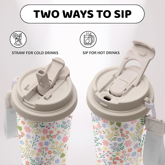 Floral Tumbler Stainless Steel 2-in-1 Lid Coffee Tumbler 18 oz Flowers Aesthetic Insulated Travel Coffee Mug Floral Water Bottle for Women Girls Birthday Christmas