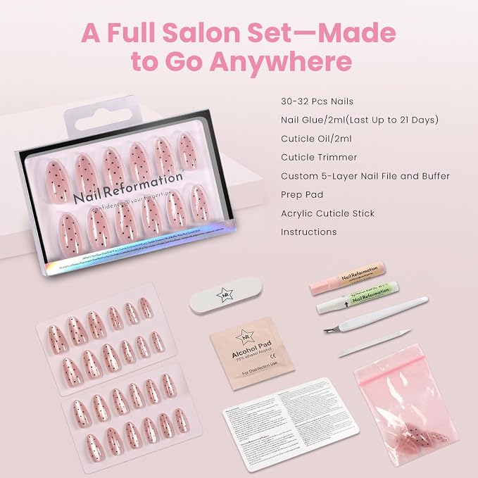 Nail Reformation Press On Nails, Watermelon Seeds | Polka Dot Medium Almond | Fake Nails with Black Dot on Rosy Pink Base, Glossy Reusable Stick On Nails Kit 30 Pcs in 15 Sizes, Manicure Gifts for Women