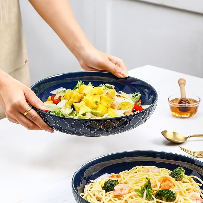 Sureasy 9.7" Pasta Bowls Set of 4-42 oz Large Salad Bowls for Kitchen, Embossed Ceramic Serving Bowls for Fruits, Soup, Pasta and Salad, Microwave & Dishwasher Safe, Blue