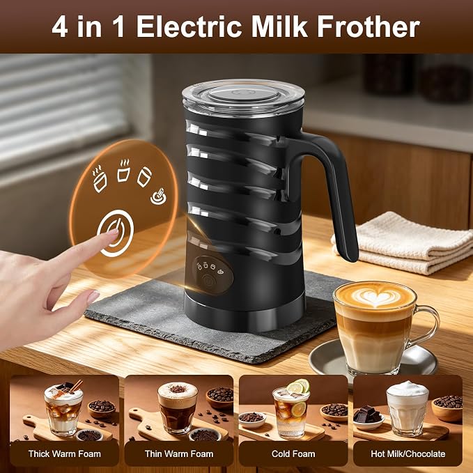 COO Milk Frother, 4-in-1 Electric Milk Steamer 350ml | Hot & Cold Foam Maker with Auto Shut-Off, Smooth Froth for Latte, Cappuccino, Macchiato & Hot Chocolate, Black