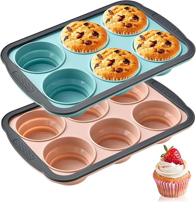 RAYBIN 2 Pack Silicone Muffin Pans for Baking, 6 Cup Nonstick Cupcake Pan | Muffin Tins with Metal Frame, Baking Tray Egg Molds, Easy to Pop, Food Grade, BPA Free, Oven & Dishwasher Safe