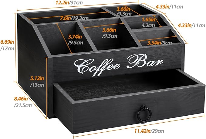 Wooden Coffee Station Organizer for Countertop | 6 Compartments & a Drawer | Farmhouse Coffee Pods Holder Coffee Bar Accessories and Tea Condiment Basket