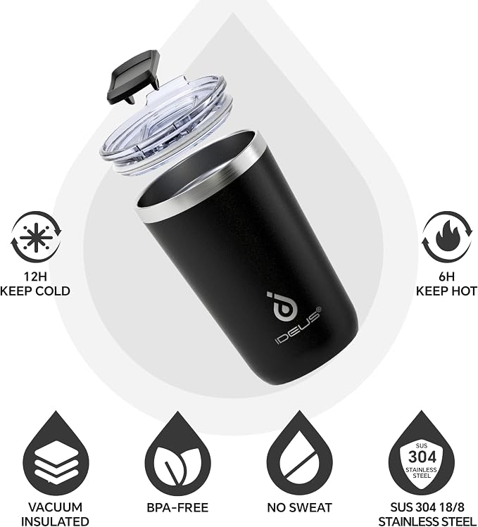 Ideus 20 oz Tumbler, Travel Coffee Mug with Splash Proof Sliding Lid, Double Wall Stainless Steel Vacuum Insulated Coffee Mug for Home and Office, Keep Beverages Hot or Cold, Black