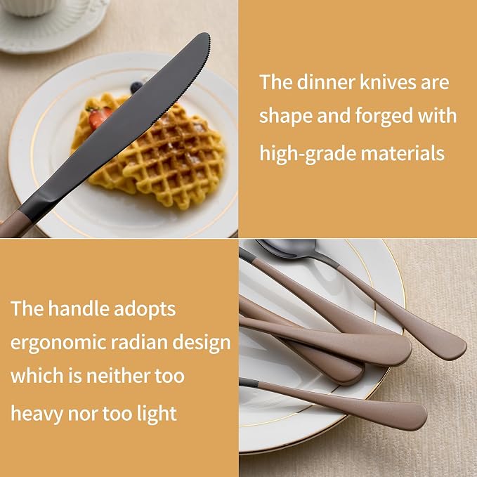 20-Piece Black Silverware Set 18/0 Stainless Steel Silverware Set Brown Handle Cutlery Set Service for 4 Dinner Knives Forks Spoons Set Flatware Set Finish Dishwasher Safe
