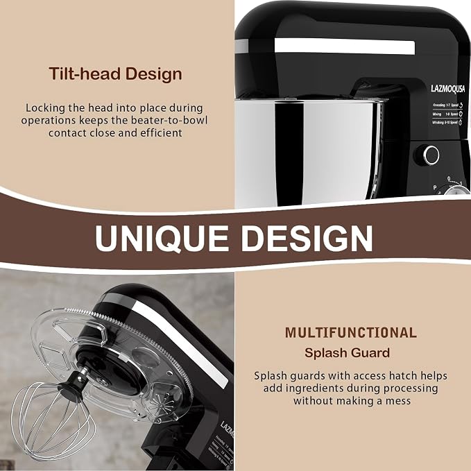 6in1 Stand Mixer with 6.5 Quart Bowl, 660W 10+p Speeds Kitchen Food Mixer Tilt-Head Bread Dough and Cake Mixers for Home Daily Use (Black)