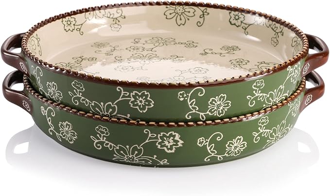 AVLA 2 Pack Ceramic Pie Pan, 9 Inch Round Baking Dish with Double Handle, 28 Ounce Deep Quiche Plates for Kitchen, Cooking, Roasting Lasagna (Sakura, Green)