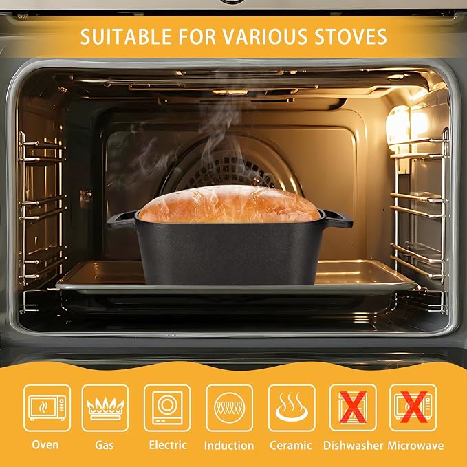 3.6 QT Cast Iron Loaf Bread Pan with Lid, Oval Dutch Oven for Bread Baking | Pre-Seasoned, Even Heat, Easy Release, Heavy-Duty, Oven Mitts & Recipe Book Included