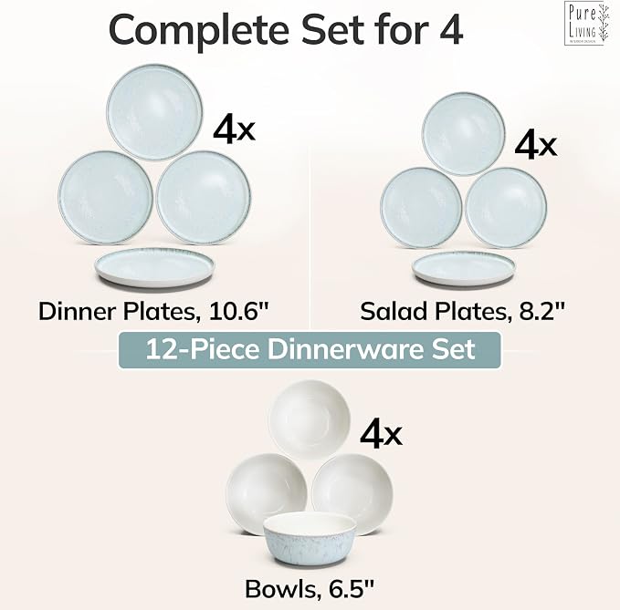 12 Piece Stoneware Dinnerware Set for 4 - Handmade Reactive Glaze Plates and Bowls Set - Chip & Scratch Resistant Dish Set - Dishwasher Microwave Safe - Light Beige & Blue | Reactive Glaze Coating, Dishwasher & Microwave Safe Dish Set, Chip & Scratch R...