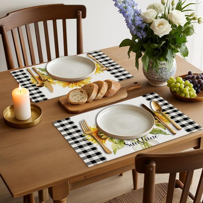 Sunflower Sunshine Vase Summer Placemats Set of 4, Outdoor Home Party Decor | Buffalo Plaid Spring Table Mats for Kitchen Dining Decoration, Washable Non-Slip Heat Resistant Linen Fabric Place Mats