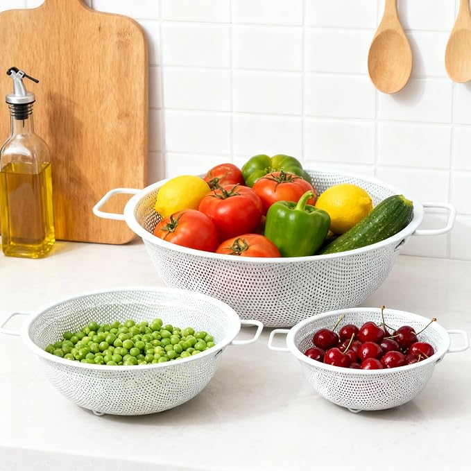 White Stainless Steel Colander Set of 3, Micro-Perforated Metal Kitchen Strainer Set with Handles & Feet for Draining Pasta, Rice, Vegetables - Heavy Duty Decorative Colanders (2, 3, 5 Quart)