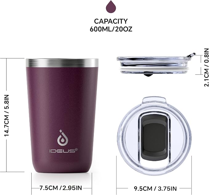 Ideus 20 oz Tumbler, Travel Coffee Mug with Splash Proof Sliding Lid, Double Wall Stainless Steel Vacuum Insulated Coffee Mug for Home and Office, Keep Beverages Hot or Cold, Red Violet
