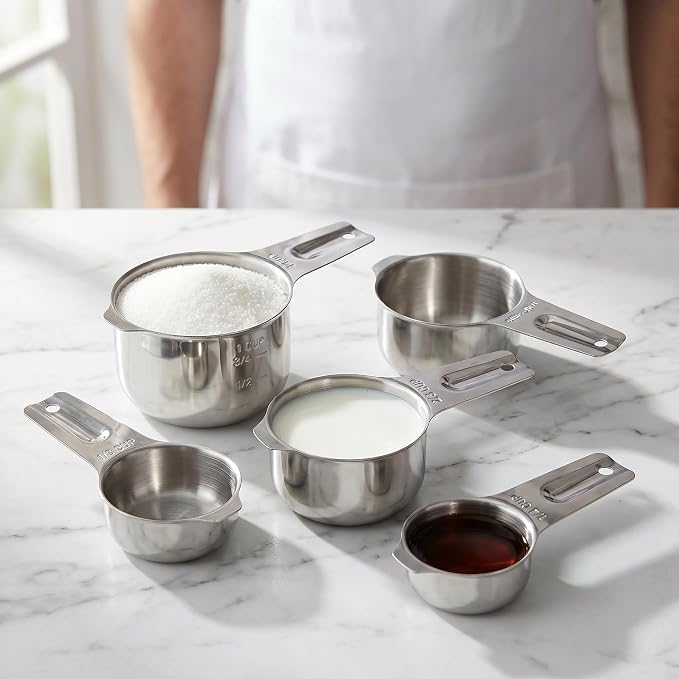 Stainless Steel Measuring Set, Stackable Design Metal Cups and Spoons, Engraved Markings for Dry and Liquid Ingredients 7PCS Silver(cup)