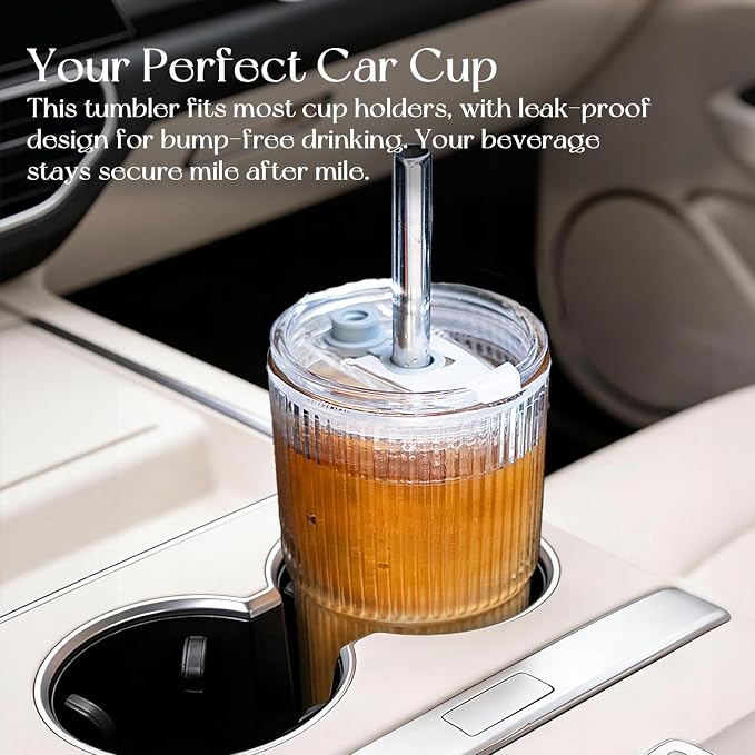 KEMORELA 20oz Ribbed Glass Tumblers with Bamboo Lids & Straws, Boba Cups | Stainless steel straws, bamboo & leak-proof dual lids. 13mm wide straw. Vintage. For boba, iced coffee, smoothies & travel.